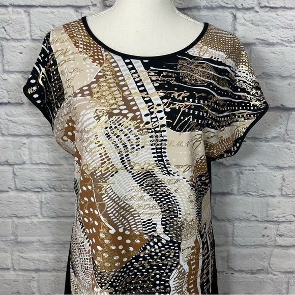 Tanjay Short Sleeve Abstract Gold Writing Print Tunic Length Top Size Small - Picture 3 of 9